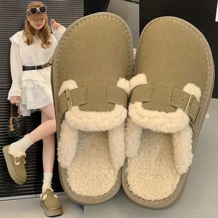 Retro thick-soled furry slippers for women in Antelope colour with round toe and flat heel