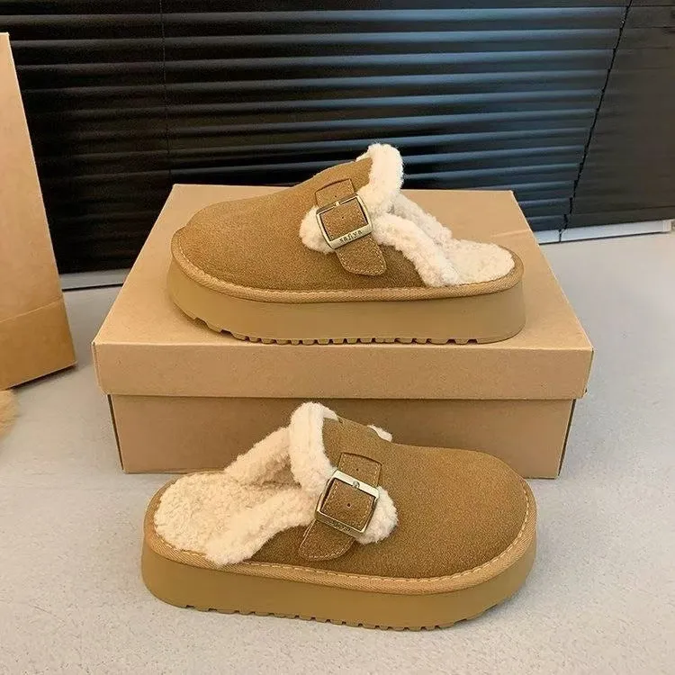 Retro thick-soled furry slippers for women in Antelope colour with round toe and flat heel