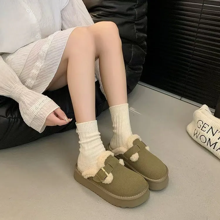 Retro thick-soled furry slippers for women in Antelope colour with round toe and flat heel