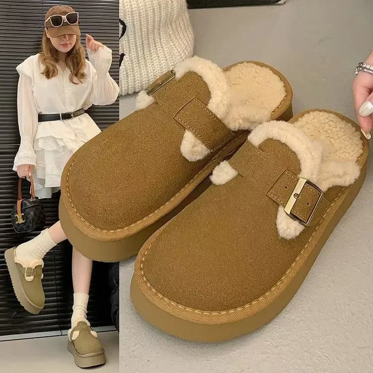 Retro thick-soled furry slippers for women in Antelope colour with round toe and flat heel