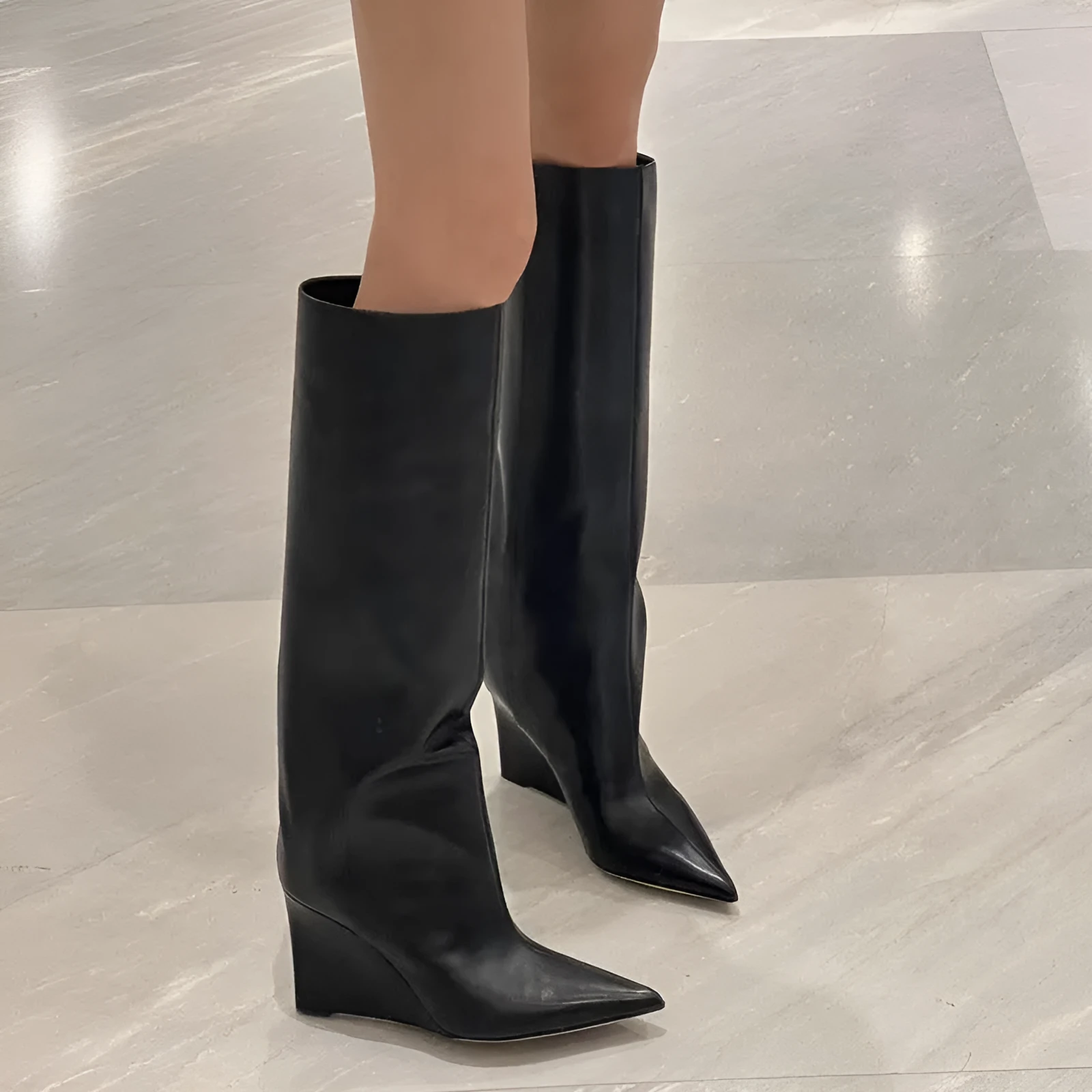 Women's black wide tube wedge heel knight boots with pointed toe and waterproof platform sole