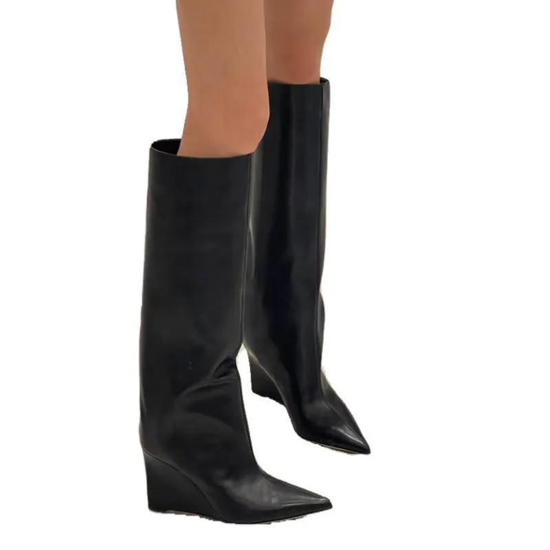 Women's black wide tube wedge heel knight boots with pointed toe and waterproof platform sole
