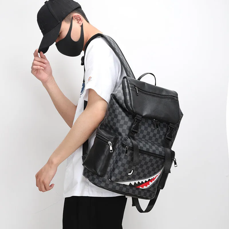 Korean casual checkered printed large backpack in PU leather with curved shoulder straps.