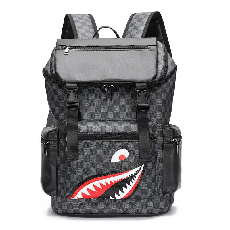 Korean casual checkered printed large backpack in PU leather with curved shoulder straps.