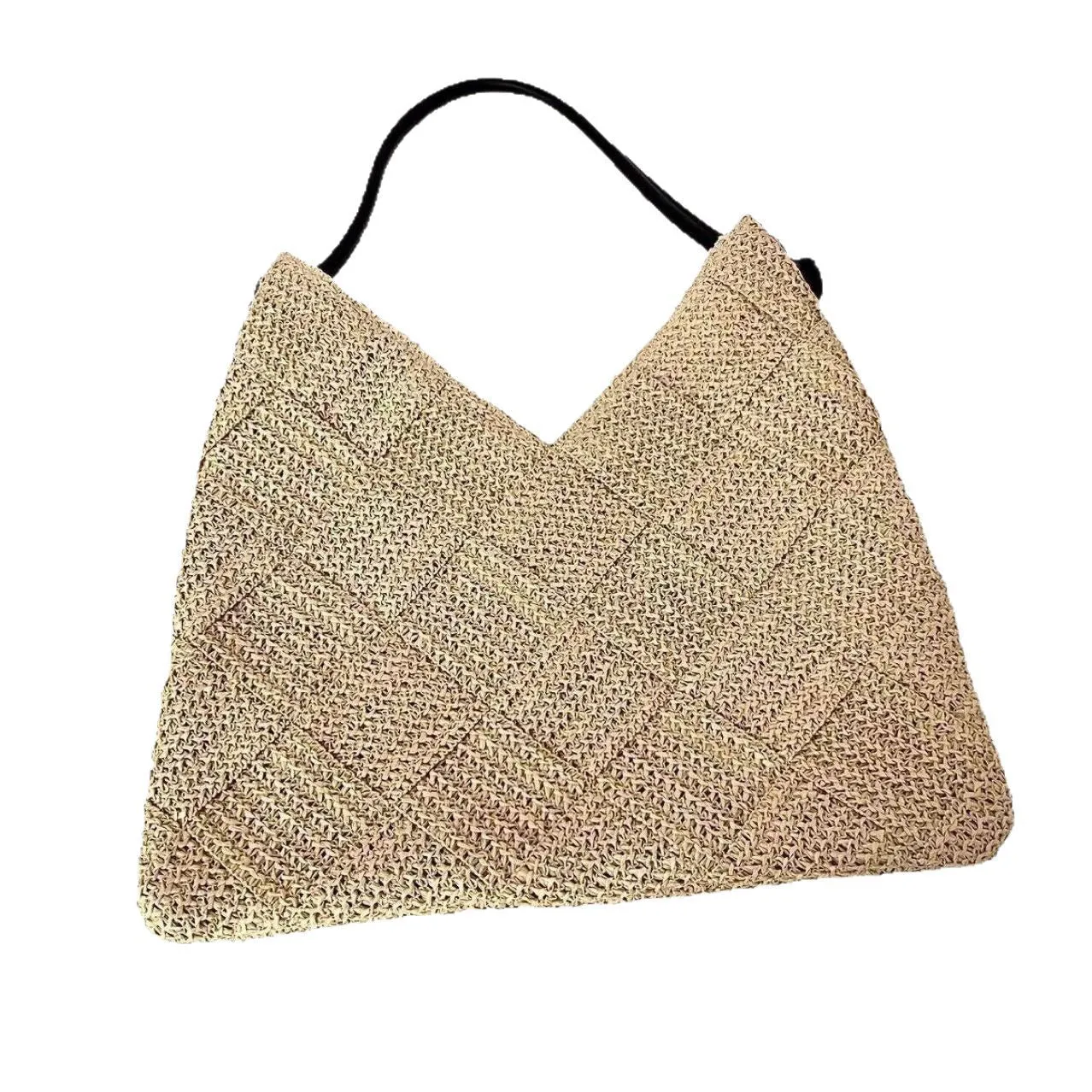Women's beige straw hollow shoulder handbag in heart shape with woven texture and medium hardness