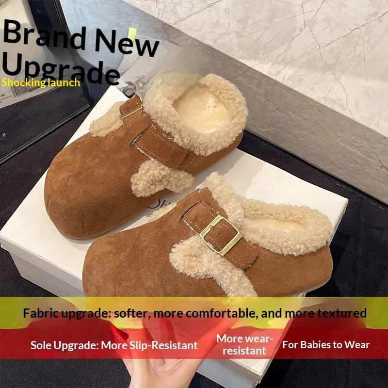 Baotou semi-drag fleece slippers in brown and camel with faux fur lining, closed toe, and rubber sole on a wooden floor