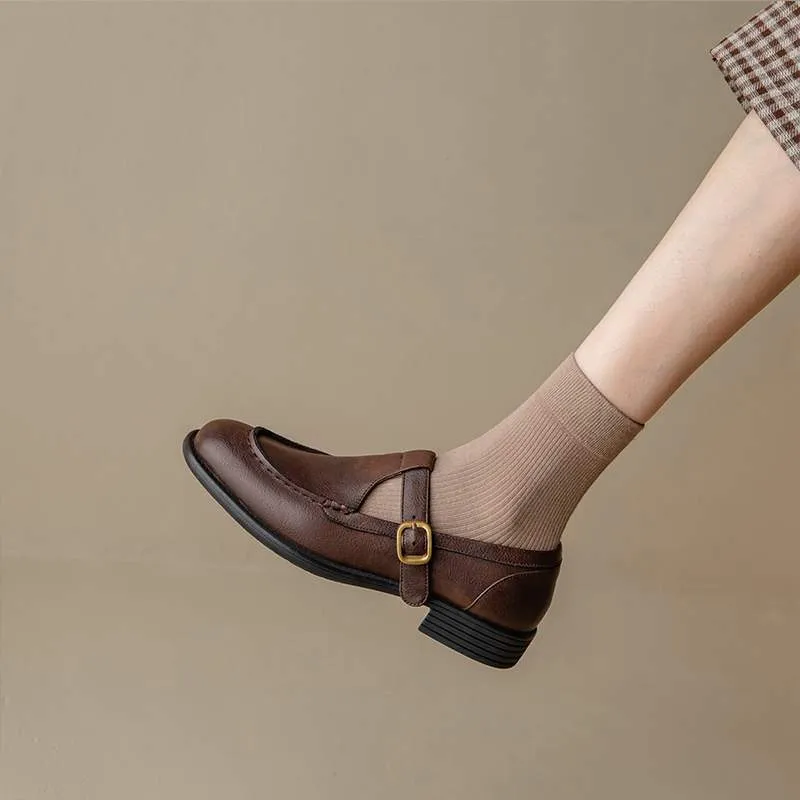 Women's retro genuine leather Mary Jane shoes with high heel, round toe, in black