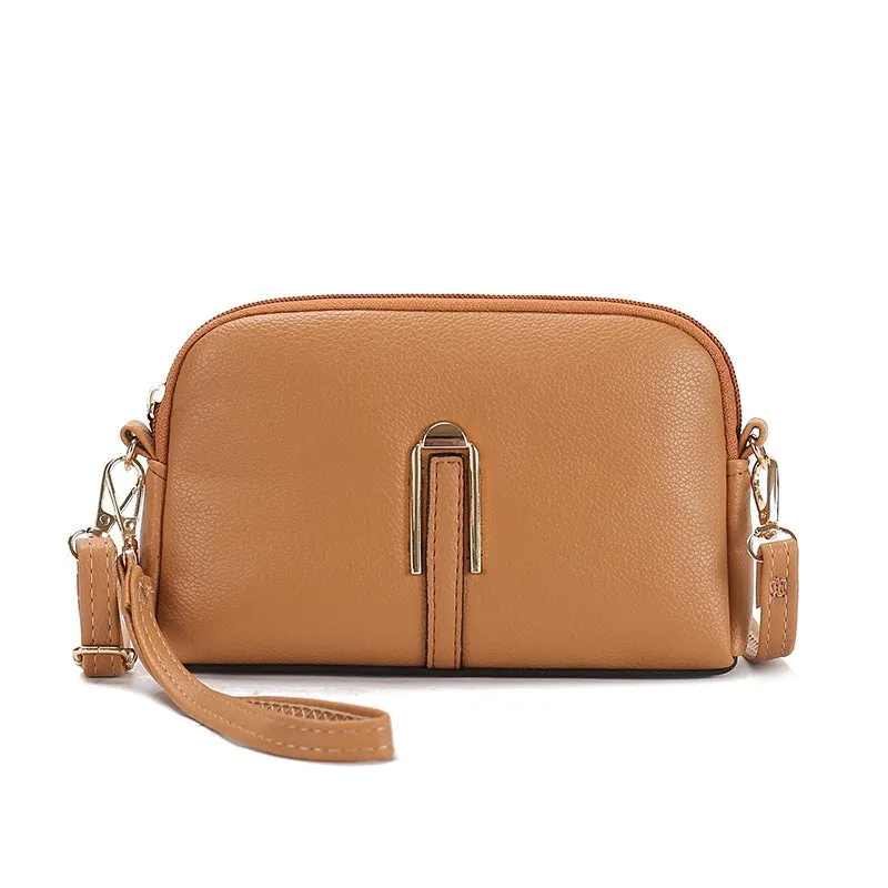 Women's solid colour PU messenger bag with stitching details and shell shape