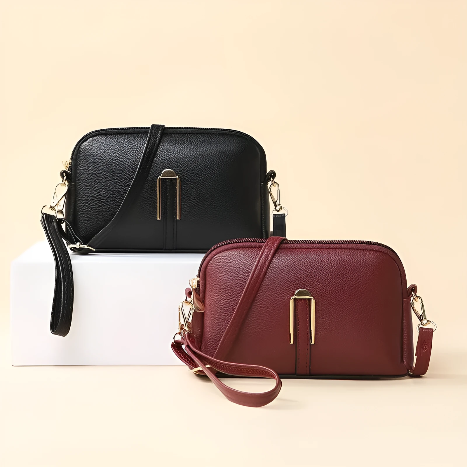 Women's solid colour PU messenger bag with stitching details and shell shape