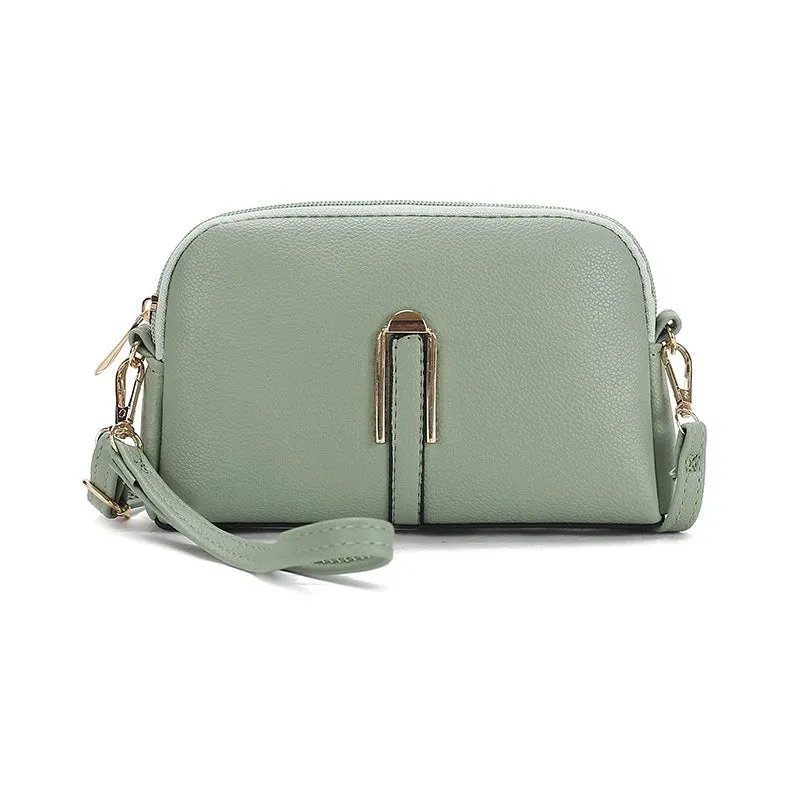 Women's solid colour PU messenger bag with stitching details and shell shape