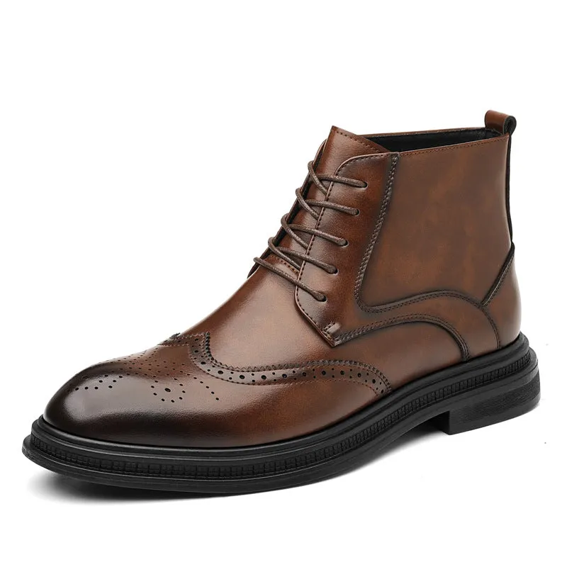 Men's leather Martin boots in black solid colour, side view, on neutral background.