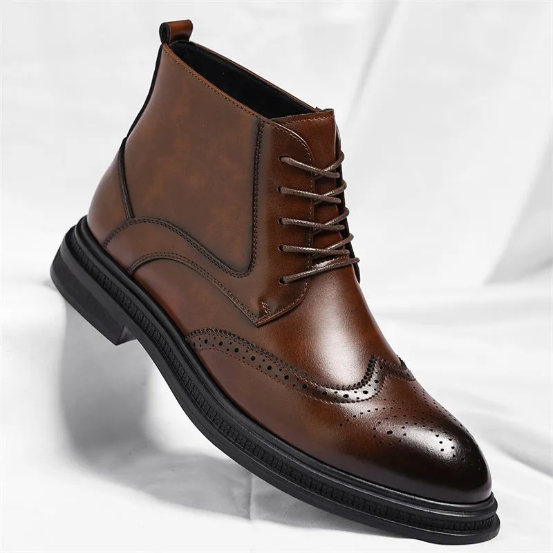 Men's leather Martin boots in black solid colour, side view, on neutral background.