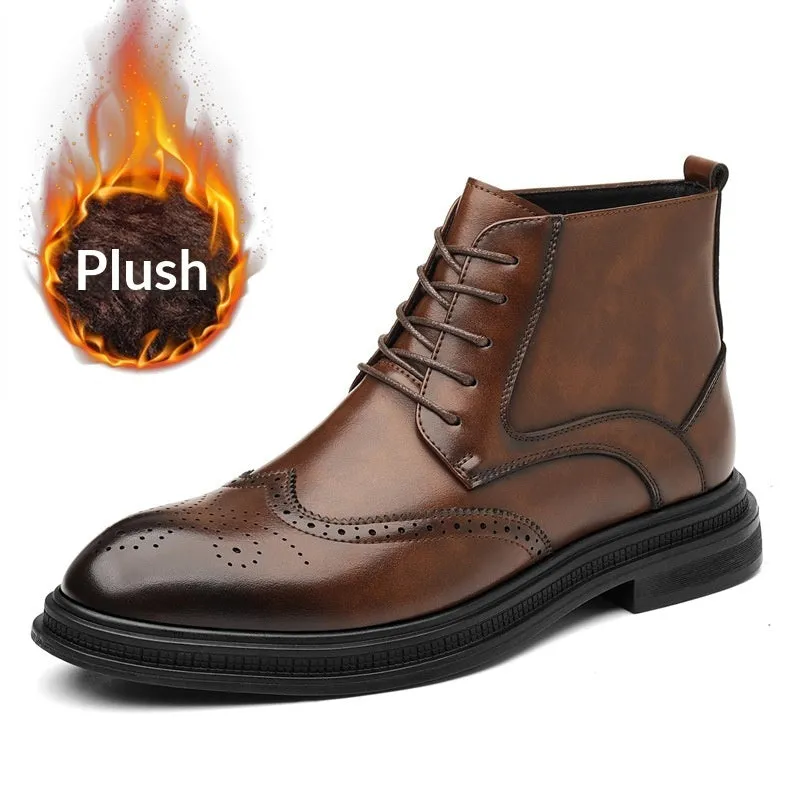 Men's leather Martin boots in black solid colour, side view, on neutral background.