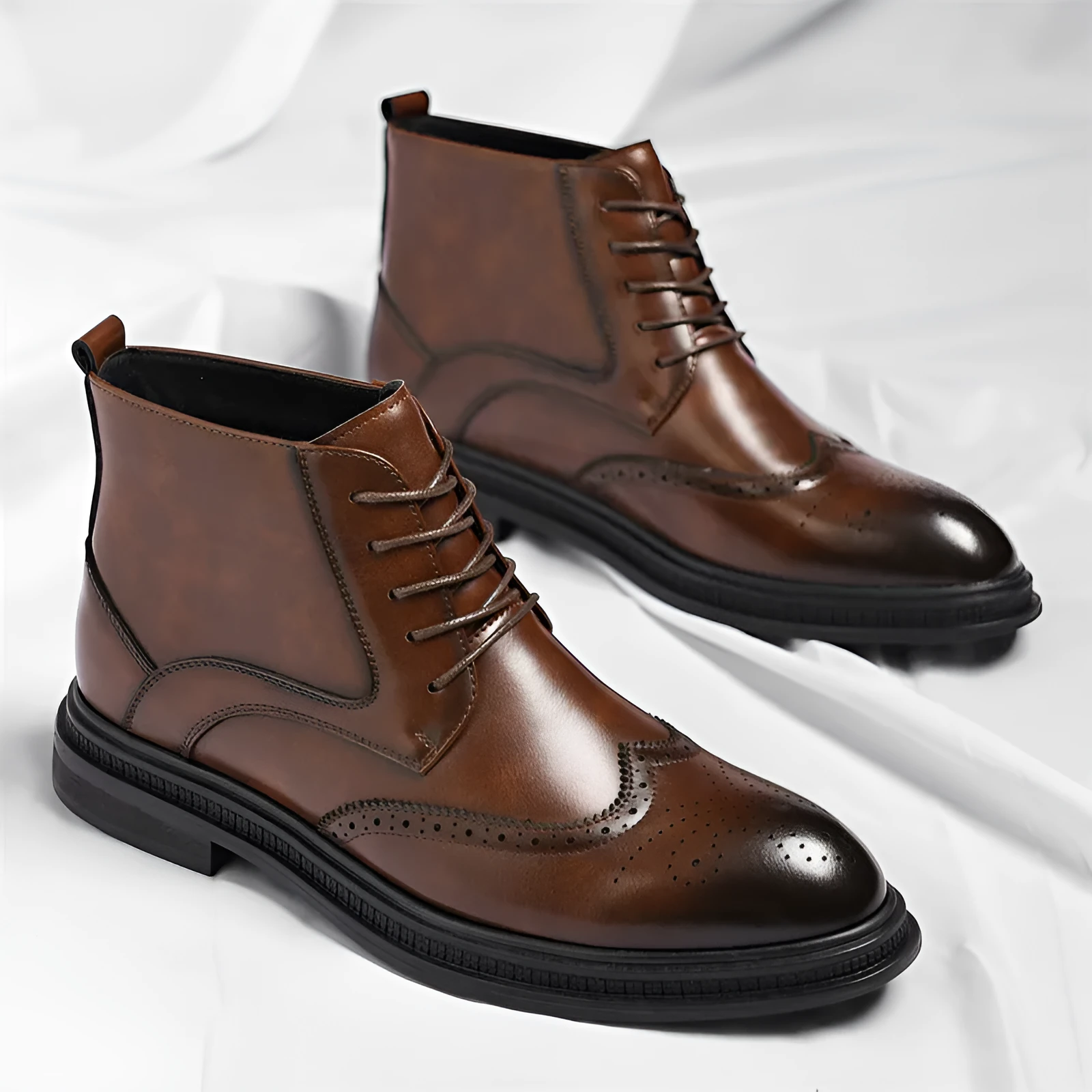 Men's leather Martin boots in black solid colour, side view, on neutral background.