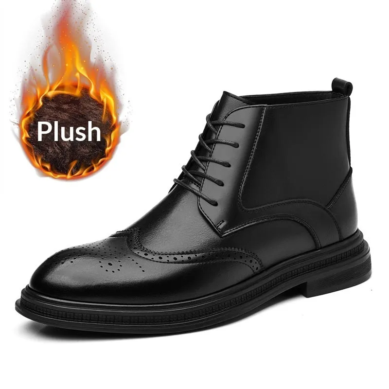 Men's leather Martin boots in black solid colour, side view, on neutral background.