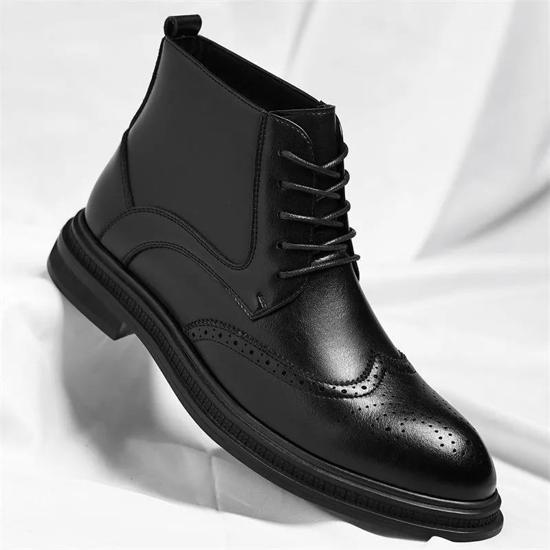 Men's leather Martin boots in black solid colour, side view, on neutral background.