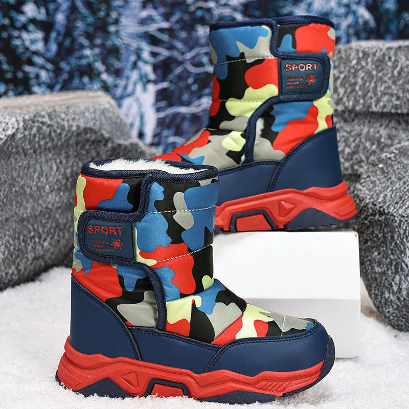 Children's high-top cotton boots in camouflage colour with hook-and-loop strap
