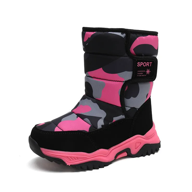 Children's high-top cotton boots in camouflage colour with hook-and-loop strap