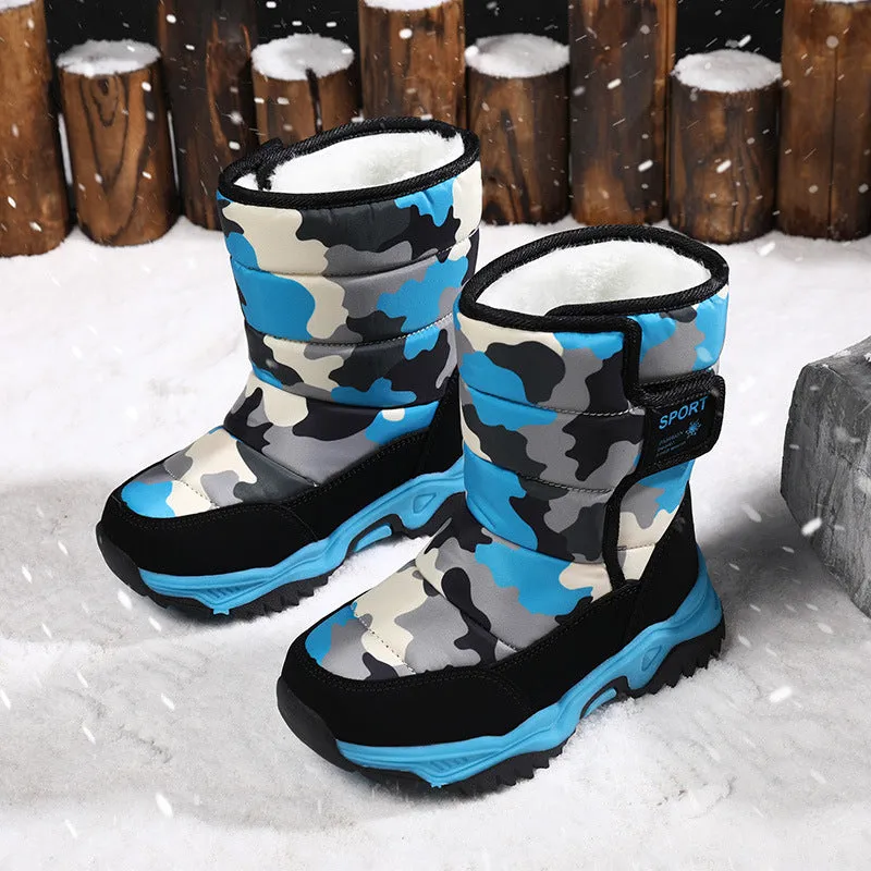 Children's high-top cotton boots in camouflage colour with hook-and-loop strap