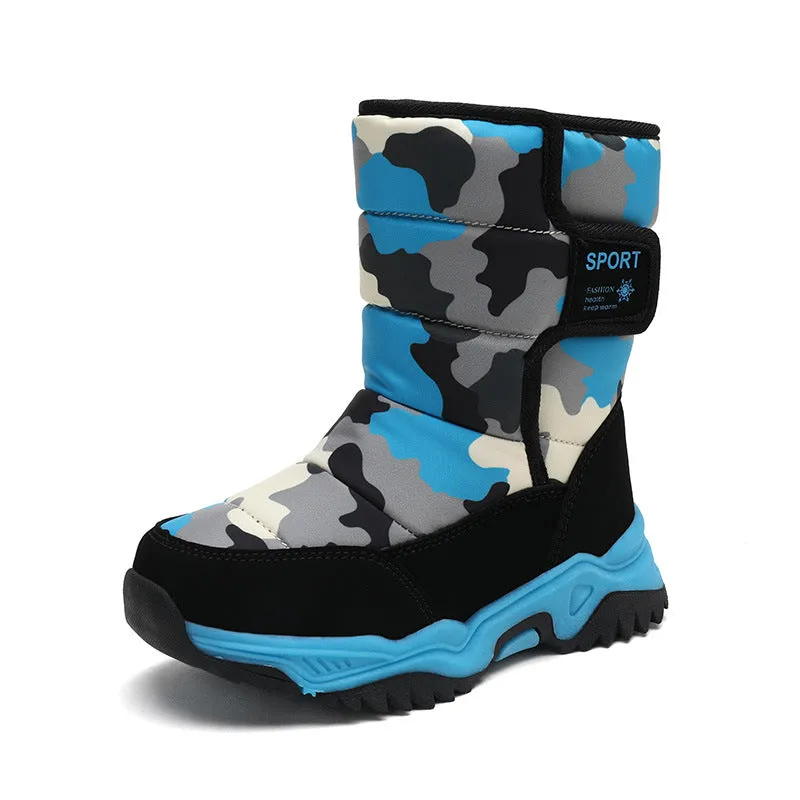 Children's high-top cotton boots in camouflage colour with hook-and-loop strap