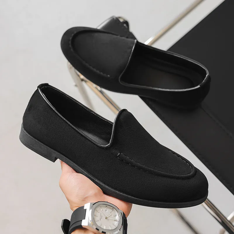 Men's retro Gommino slip-on loafers with round toe and wedge heel in solid colour