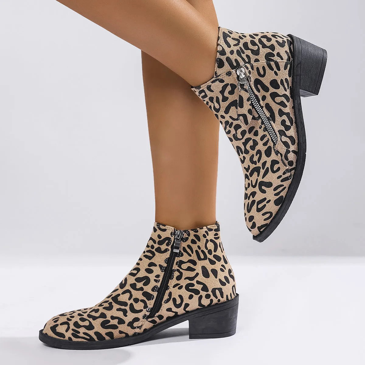 Ladies chunky heel ankle boots large size pointed toe leopard print block heel cotton upper side zipper