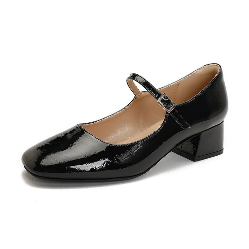 Women's square toe patent leather Mary Jane shoes with pearl detail and mid heel in apricot colour