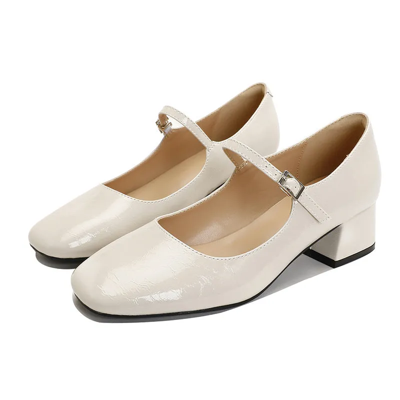 Women's square toe patent leather Mary Jane shoes with pearl detail and mid heel in apricot colour