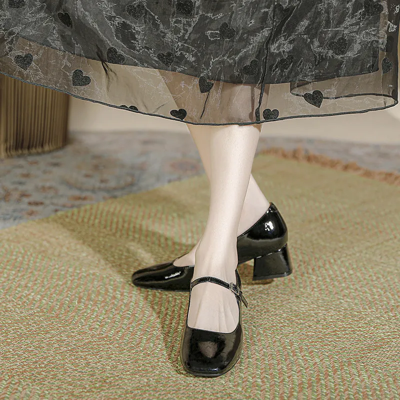 Women's square toe patent leather Mary Jane shoes with pearl detail and mid heel in apricot colour