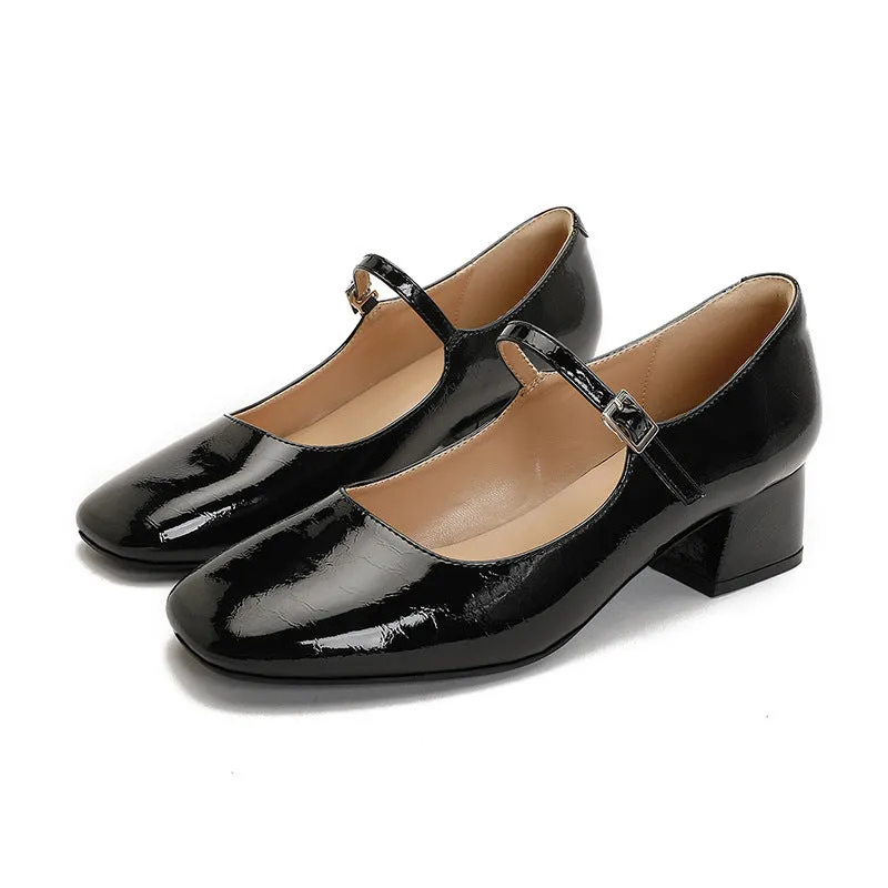 Women's square toe patent leather Mary Jane shoes with pearl detail and mid heel in apricot colour