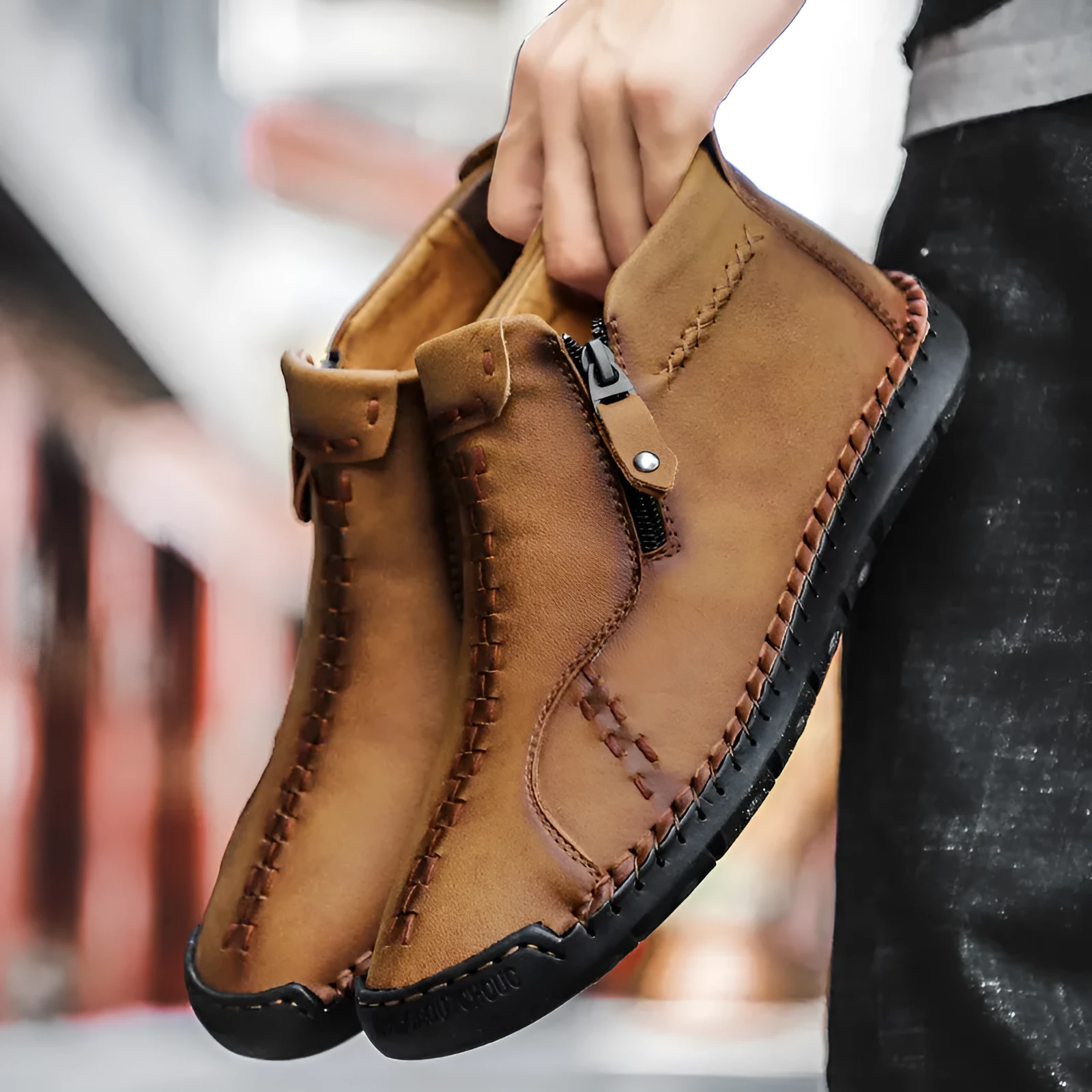 Men's hand-stitched high-top genuine leather shoes in brown, wedge heel, round toe, rubber sole with matte finish