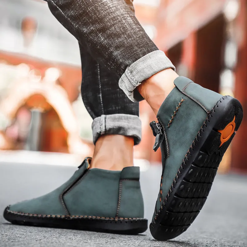 Men's hand-stitched high-top genuine leather shoes in brown, wedge heel, round toe, rubber sole with matte finish