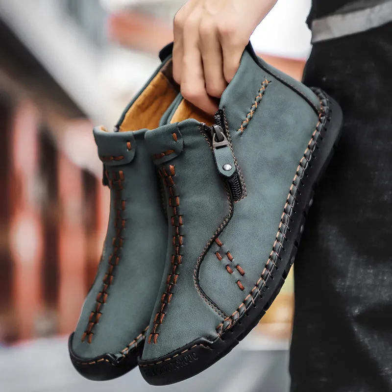 Men's hand-stitched high-top genuine leather shoes in brown, wedge heel, round toe, rubber sole with matte finish