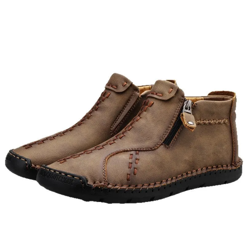 Men's hand-stitched high-top genuine leather shoes in brown, wedge heel, round toe, rubber sole with matte finish