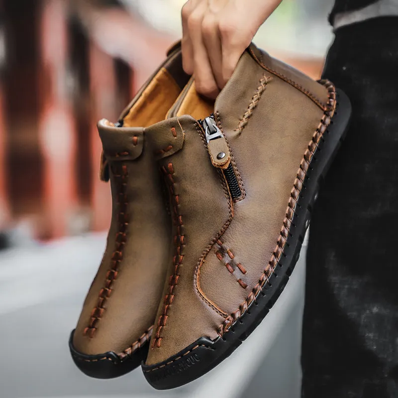 Men's hand-stitched high-top genuine leather shoes in brown, wedge heel, round toe, rubber sole with matte finish