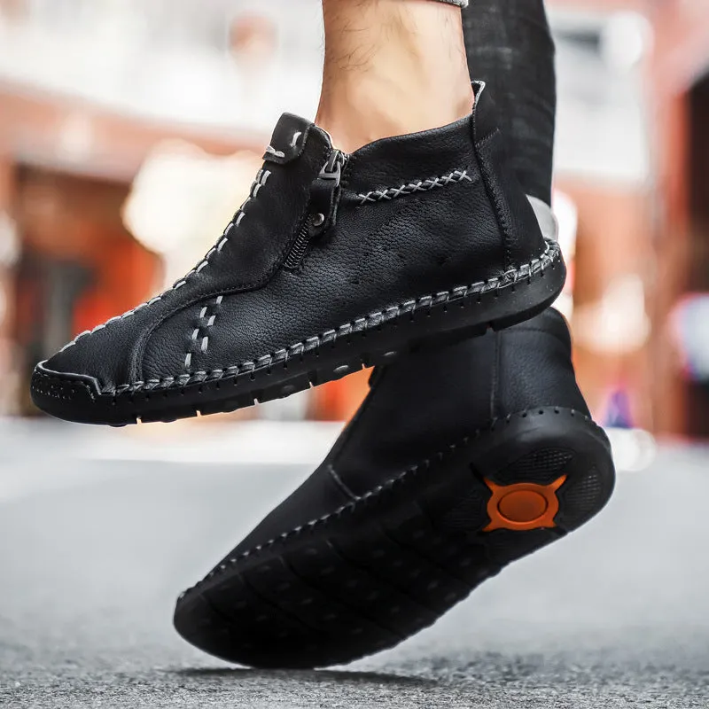Men's hand-stitched high-top genuine leather shoes in brown, wedge heel, round toe, rubber sole with matte finish