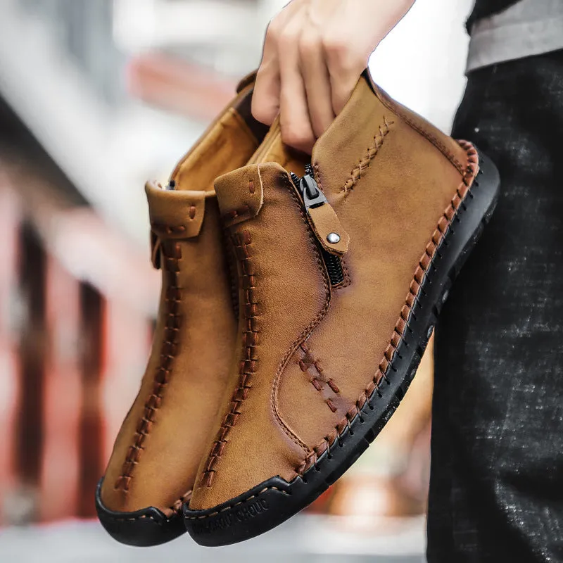Men's hand-stitched high-top genuine leather shoes in brown, wedge heel, round toe, rubber sole with matte finish
