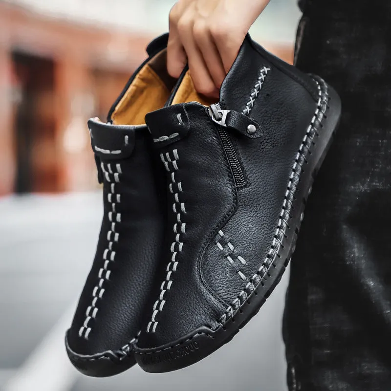 Men's hand-stitched high-top genuine leather shoes in brown, wedge heel, round toe, rubber sole with matte finish