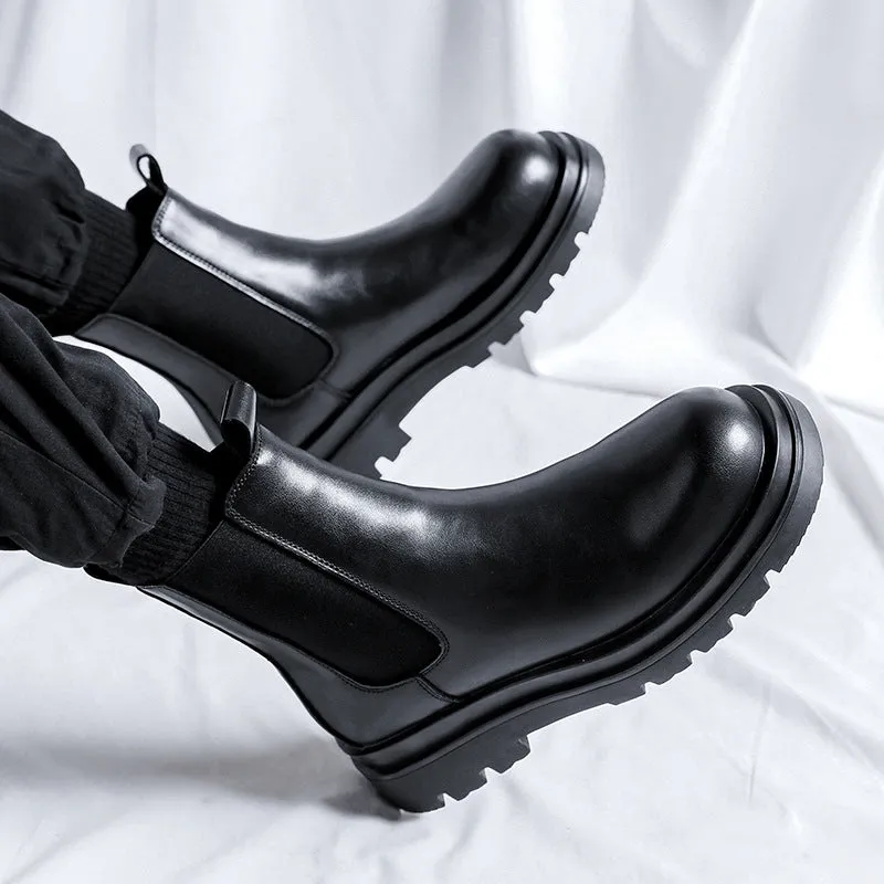 Chelsea men's high-top smoke pipe Martin boots in imitation leather with rubber sole and sewing thread detail