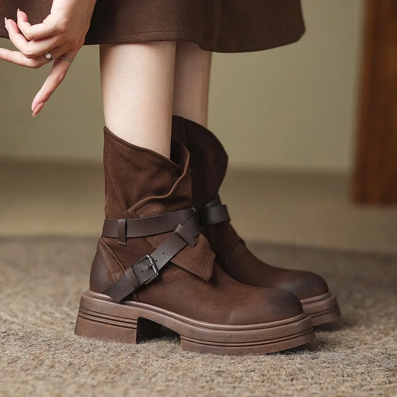 Brown retro British style women's ankle boots with mid-heel platform, buckle closure, round toe, and rubber sole