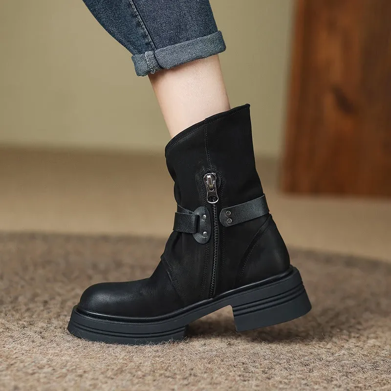 Brown retro British style women's ankle boots with mid-heel platform, buckle closure, round toe, and rubber sole
