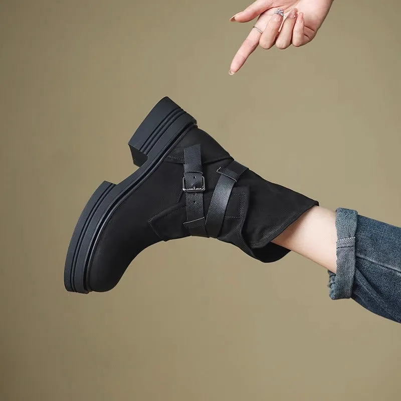 Brown retro British style women's ankle boots with mid-heel platform, buckle closure, round toe, and rubber sole