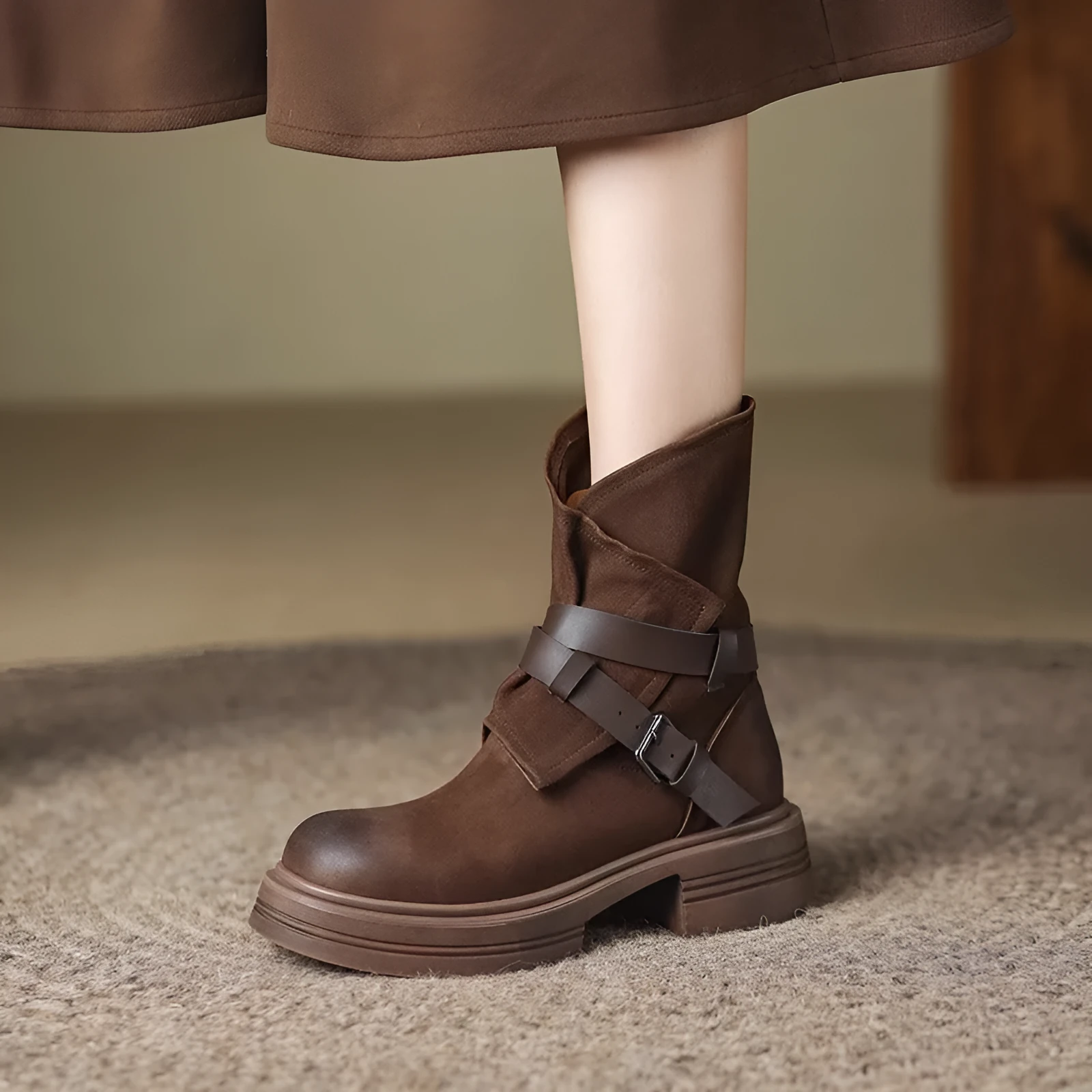 Brown retro British style women's ankle boots with mid-heel platform, buckle closure, round toe, and rubber sole