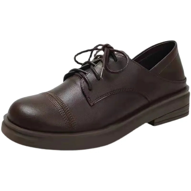 Slimming low heel British leather shoes women platform cross strap round toe professional shoes black