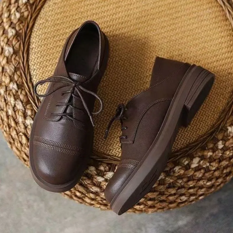 Slimming low heel British leather shoes women platform cross strap round toe professional shoes black