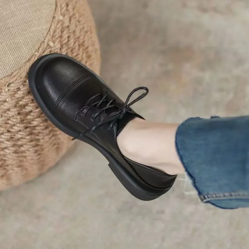 Slimming low heel British leather shoes women platform cross strap round toe professional shoes black
