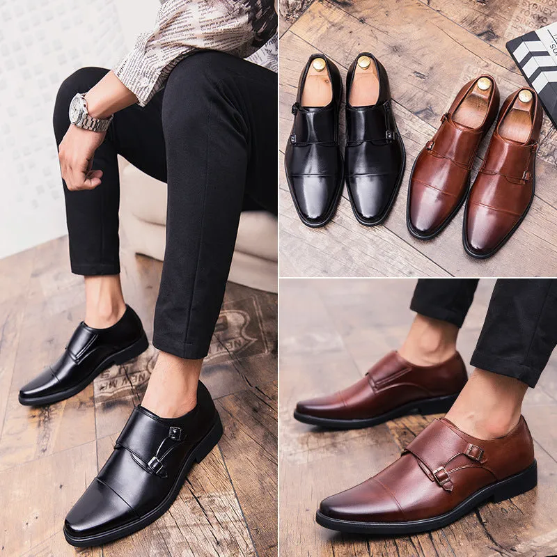 Men's British slip on plus size leather shoes round toe low top black brown sizes 38-45