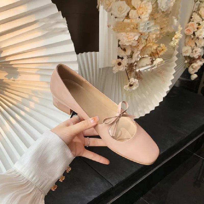 Women's bow Mary Jane shallow mouth flats in microfiber, nude pink colour, side view