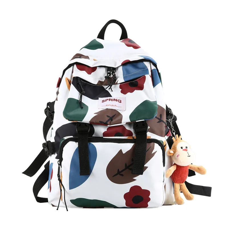 Mori style contrast colour nylon travel backpack for students, geometric pattern, black colour, 20-35L capacity