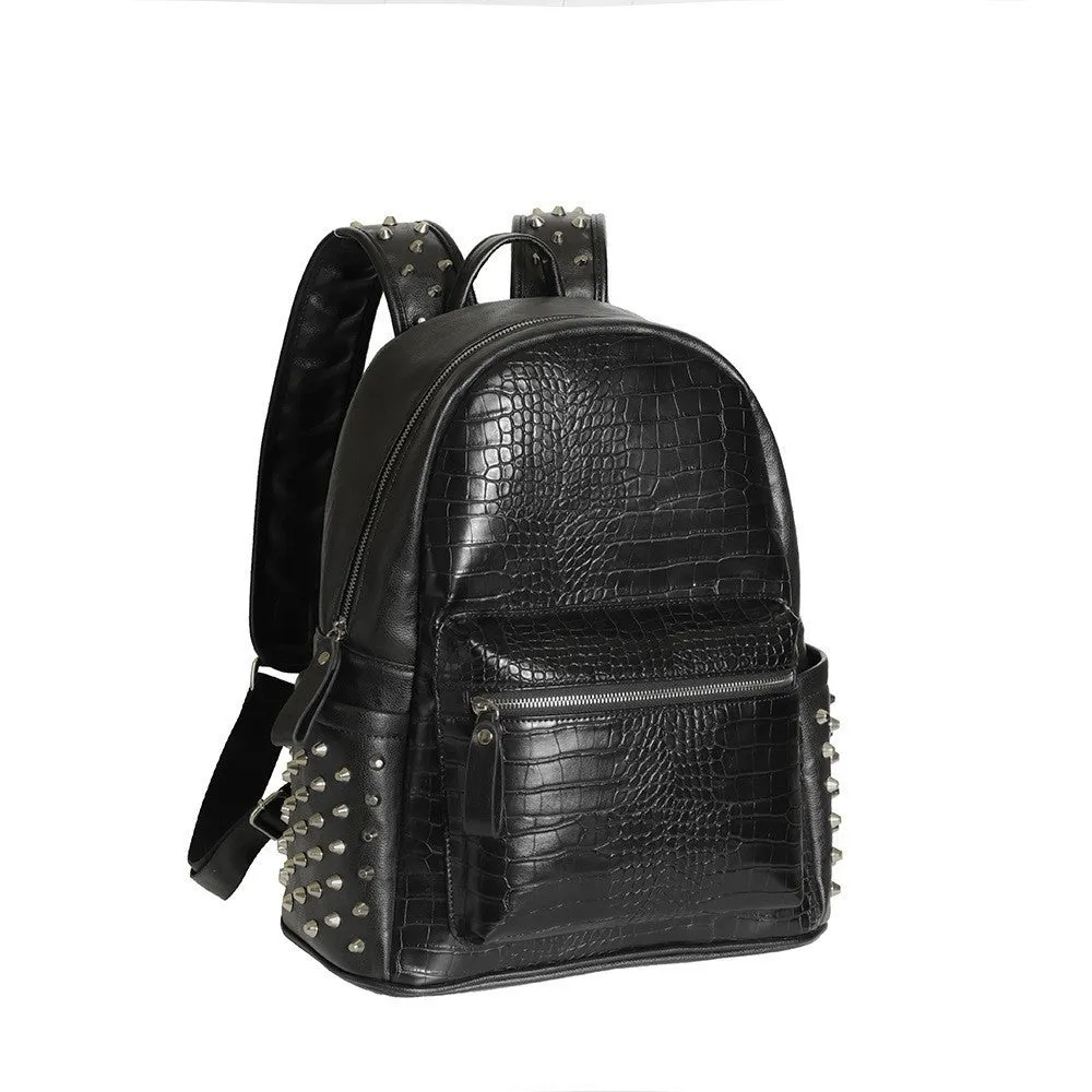 Black oil wax leather waterproof computer schoolbag with rivets, showing large 36-55L capacity.